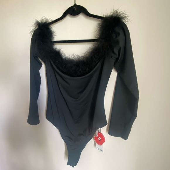 Off the Shoulder Body Suit with Feather Trim - Picture 2 of 3